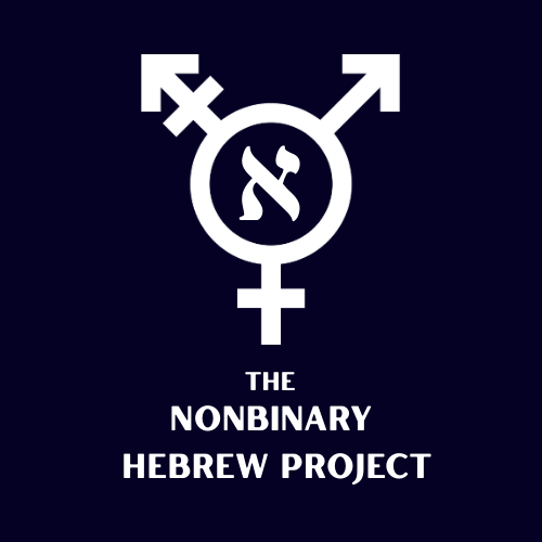 A white transgender symbol with a Hebrew letter Aleph in the middle. White text reads: The Nonbinary Hebrew Project